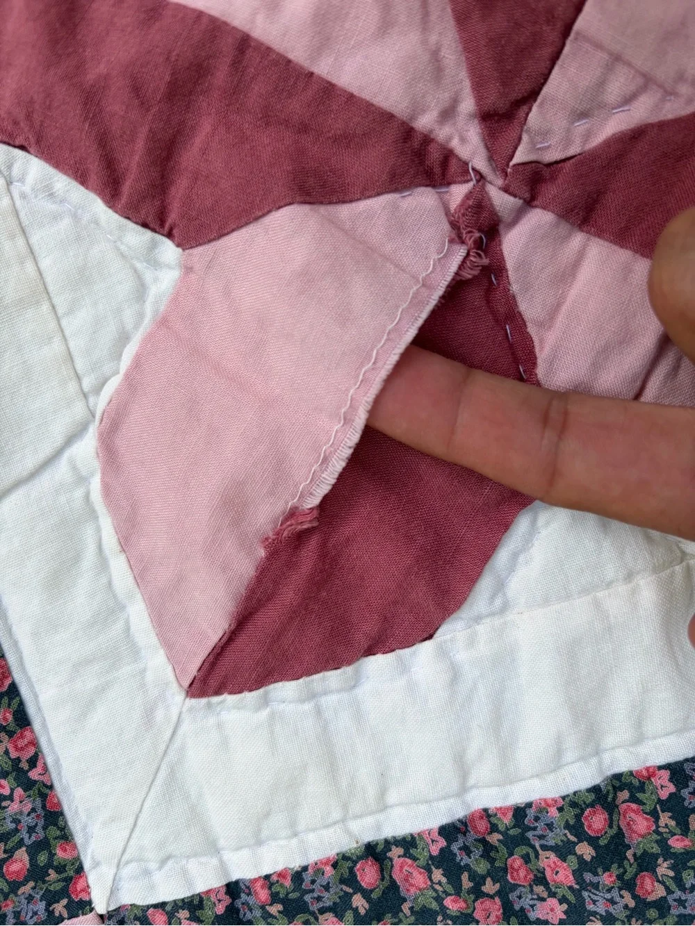 Handmade Pink and Green Patchwork Quilt - Floral Pinwheel Design VINTAGE stains